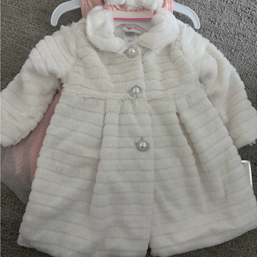 Little Lass Ivory Faux Fur Pea Coat with Pearl Buttons